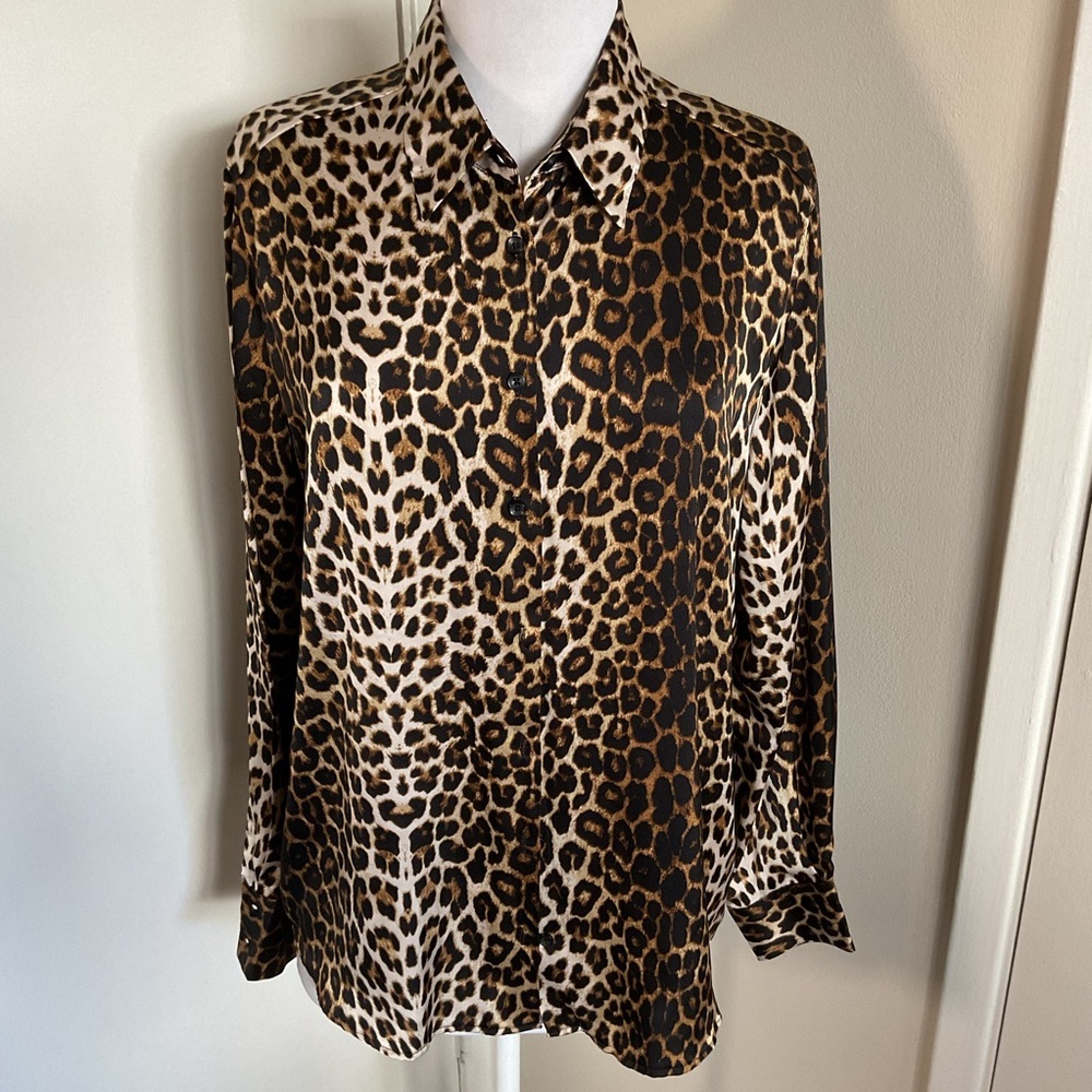 Calliope Leopard Print Satin Button Down Blouse Size XL Animal Print - Picture 3 of 10